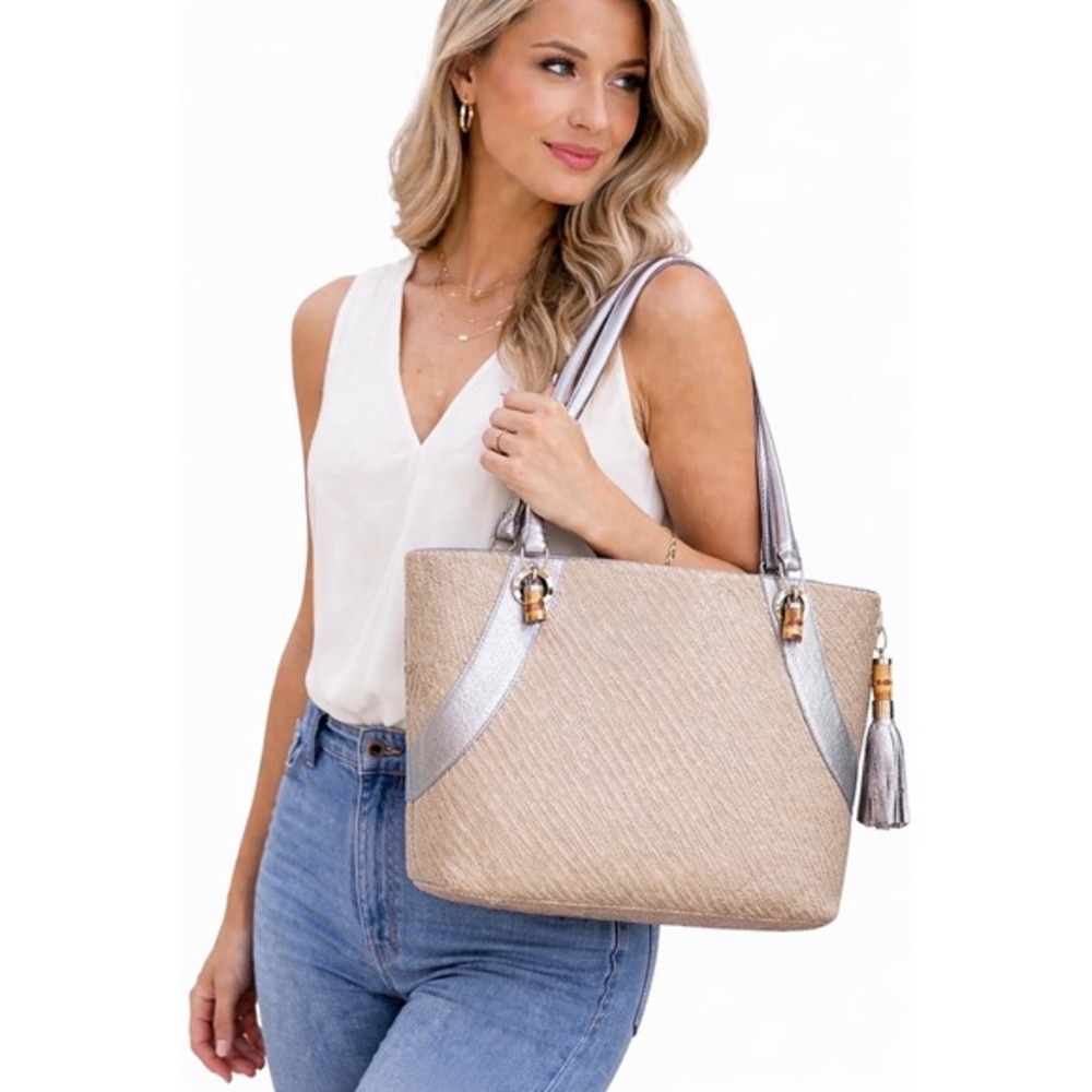 Elaine Turner Woven‎ Straw Metallic Silver Leather Bamboo Tote Handbag 41-19